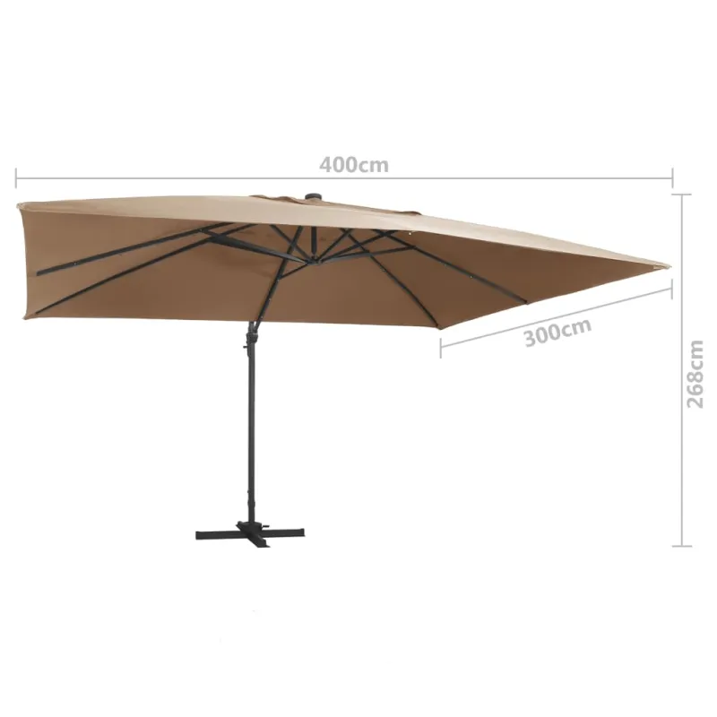 Gembinis skėtis su LED ir aliuminio stulpu, taupe, 400x300cm