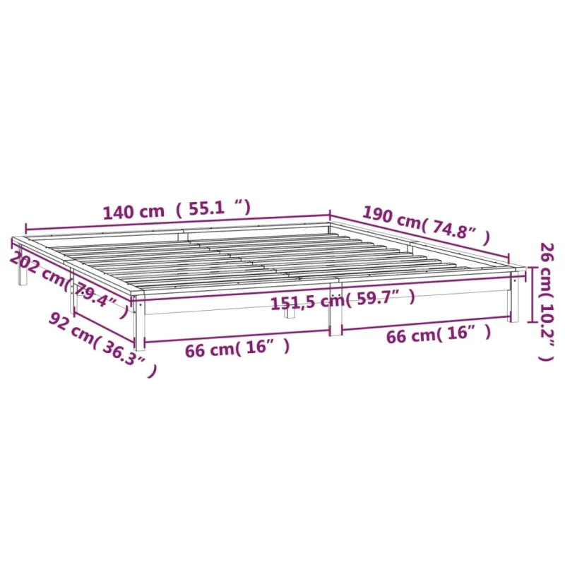 Lovos rėmas su LED, juodos spalvos, 140x190cm, medienos masyvas