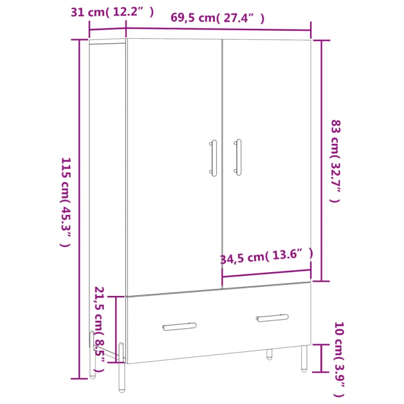 Komoda, baltos spalvos, 69,5x31x115cm, apdirbta mediena, blizgi