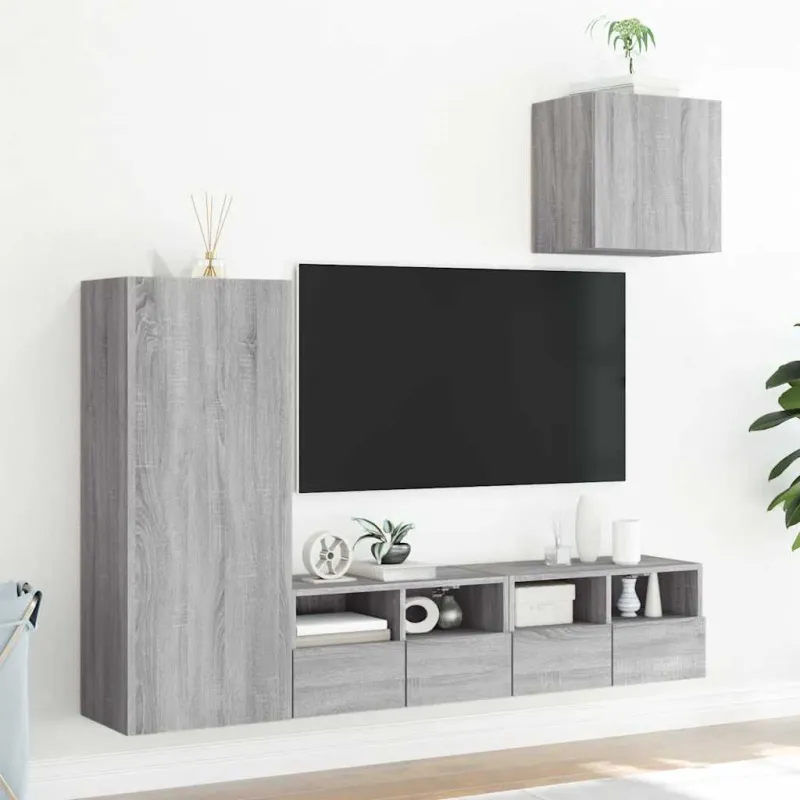 Sieninė TV sekcija, 4 dalių, pilka ąžuolo, apdirbta mediena