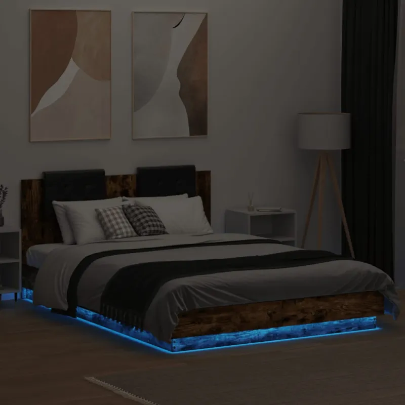 Lovos rėmas su galvūgaliu ir LED, dūminio ąžuolo, 120x200cm
