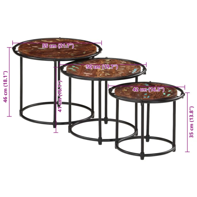Sustumiami staliukai, 3vnt., perdirbtos medienos masyvas