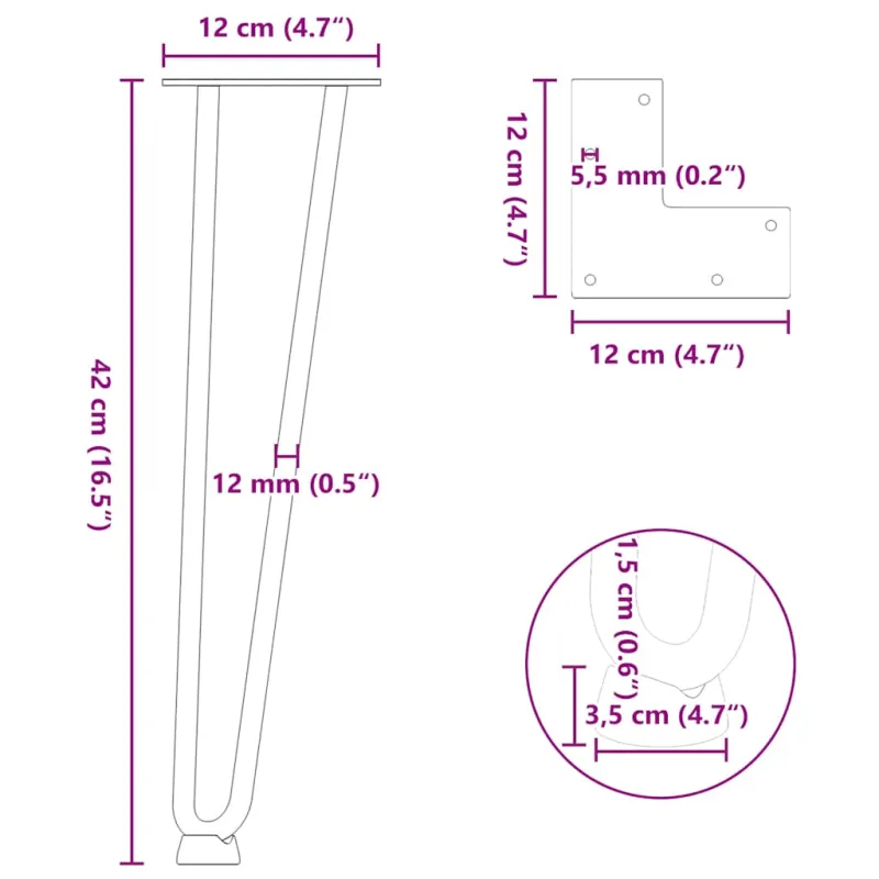 Kavos staliuko kojelės, 4 vnt., juodos, 42 cm, plienas, segtukai