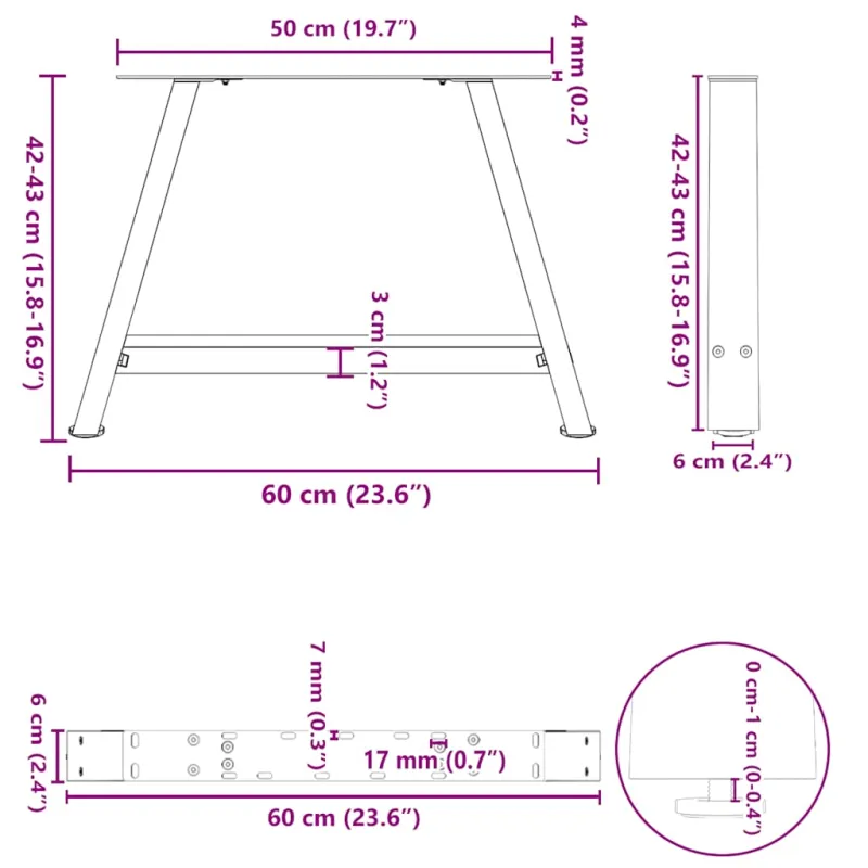 Kavos staliuko kojelės, A formos, 2 vnt., juodos, 60x(42-43) cm, plienas