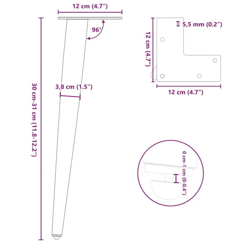 Kavos staliuko kojelės, 4 vnt., antracito spalvos, 30-31 cm, plienas, kūginės formos