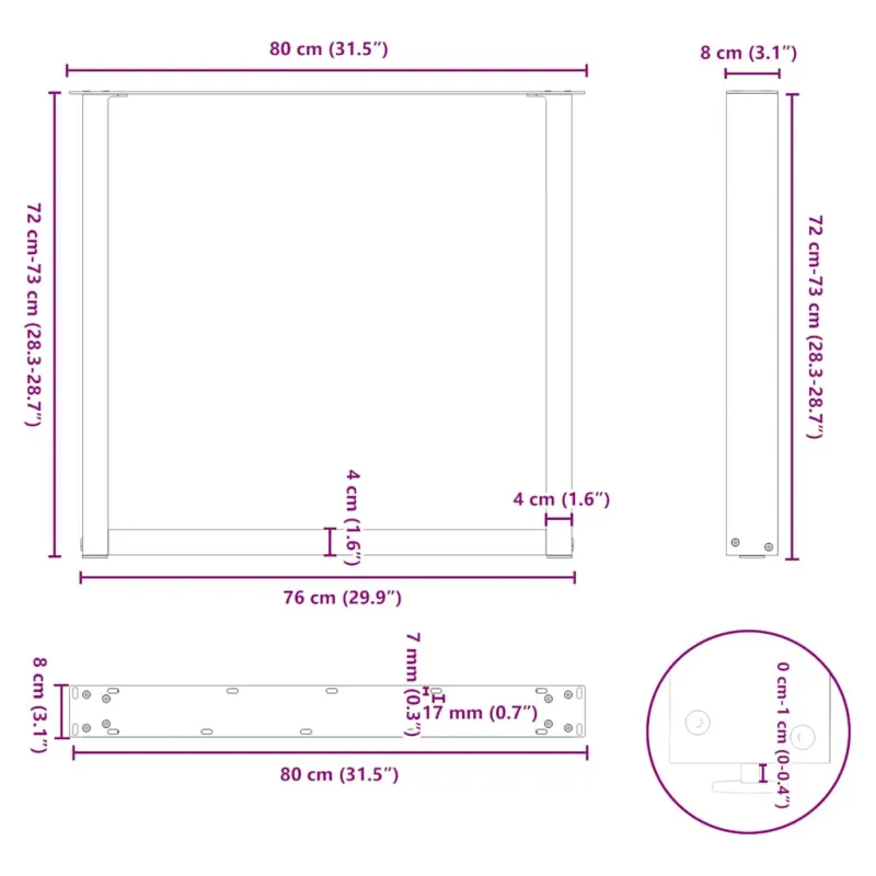 Valgomojo stalo kojelės, 2 vnt., U formos, baltos, 80x(72-73) cm, plienas