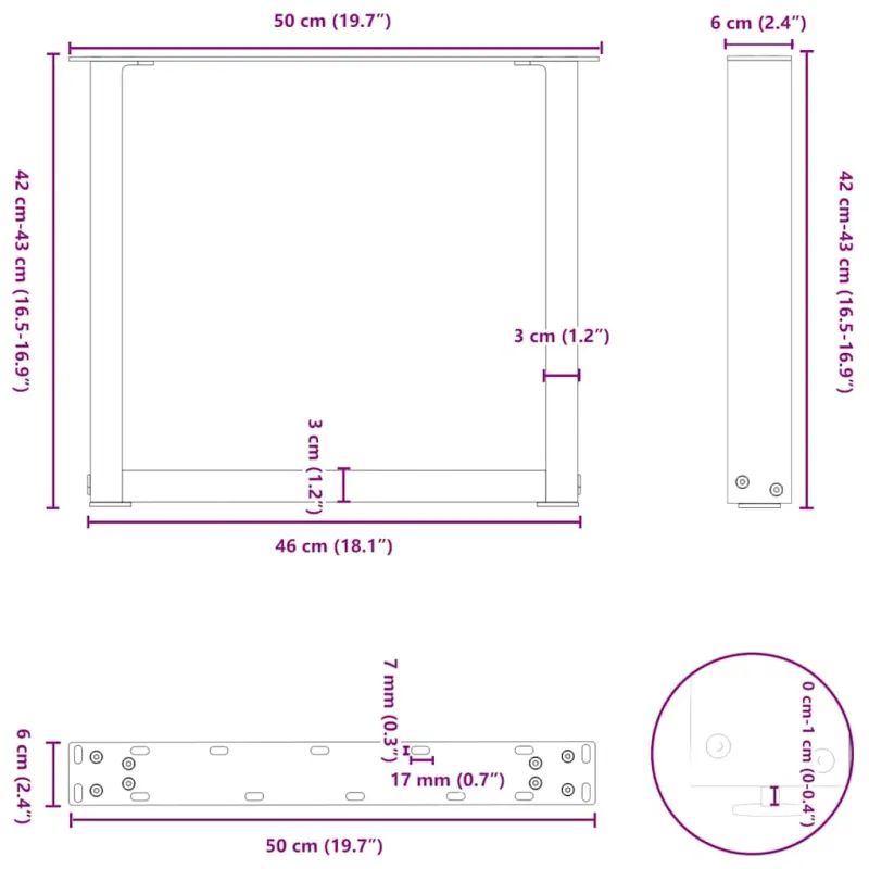 Kavos staliuko kojelės, 2 vnt., juodos, 50x(42-43) cm, plienas, U formos