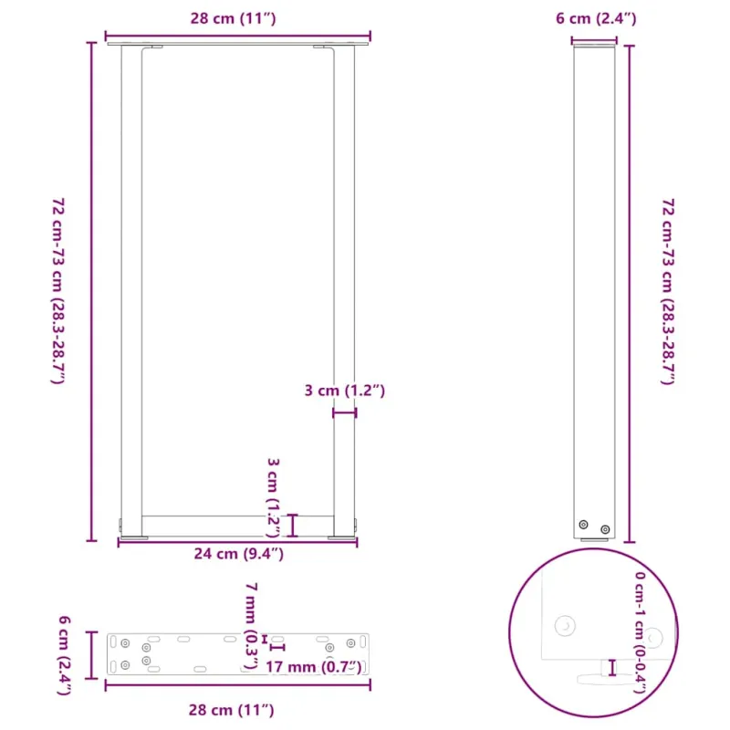 Konsolinio stalo kojelės, U formos, 2 vnt., juodos, 28x(72-73) cm, plienas
