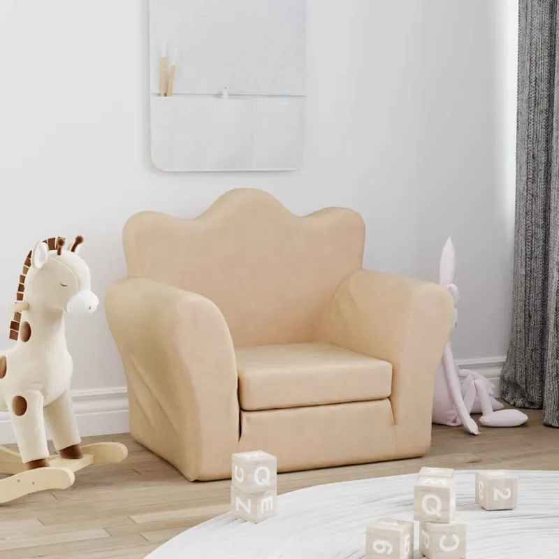Vaikiška sofa-lova, kreminės spalvos, minkštas pliušas