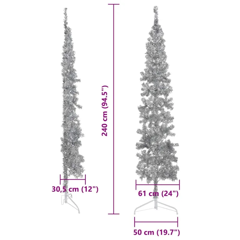 Siaura dirbtinė pusinė Kalėdų eglutė su stovu, sidabrinė, 240cm