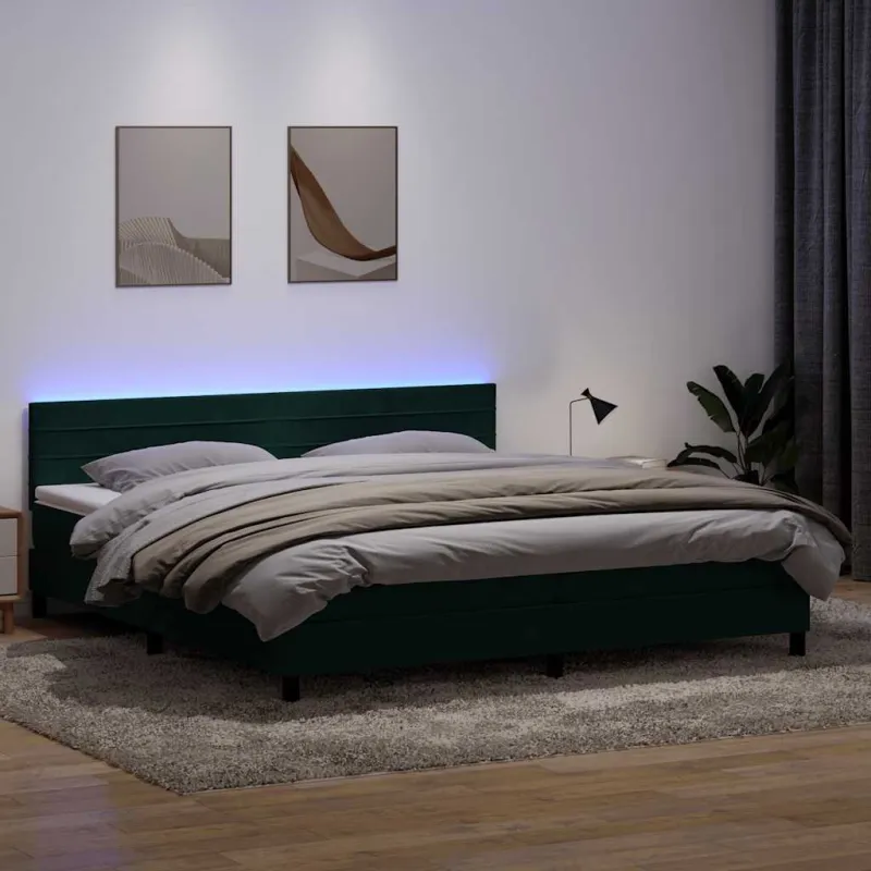 Lova su spyruokliniu/čiužiniu/LED, tamsiai žalia, 180x220 cm, aksomas