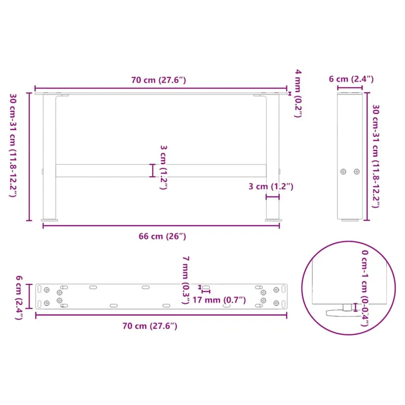 Kavos staliuko kojelės, 2 vnt., 70x(30-31) cm, natūralus plienas