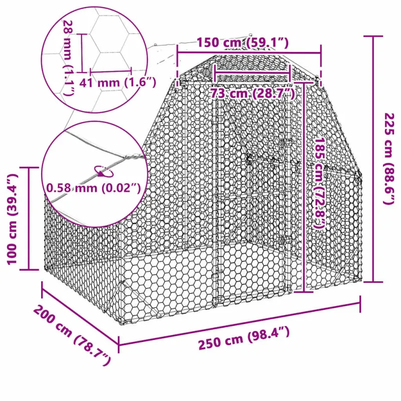 Vištienos bėgimas su stogu, 2,5x2x2,25m, galvanizuotas plienas