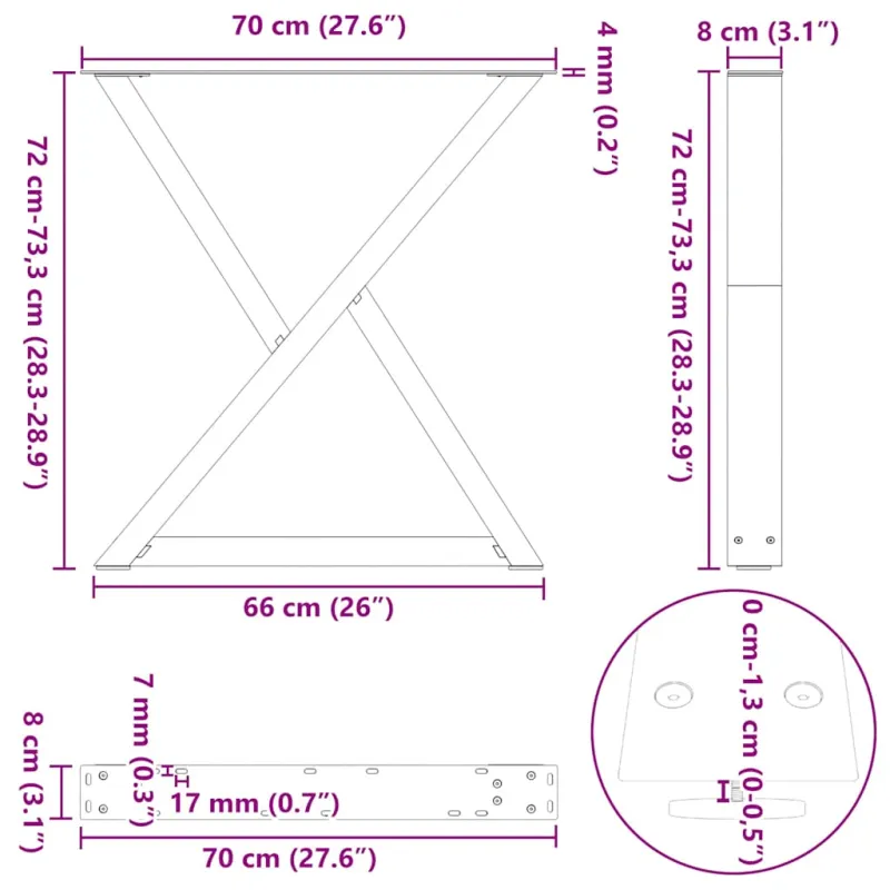 Valgomojo stalo kojos, 2 vnt., antracito spalvos, 70x(72-73,3) cm, plienas