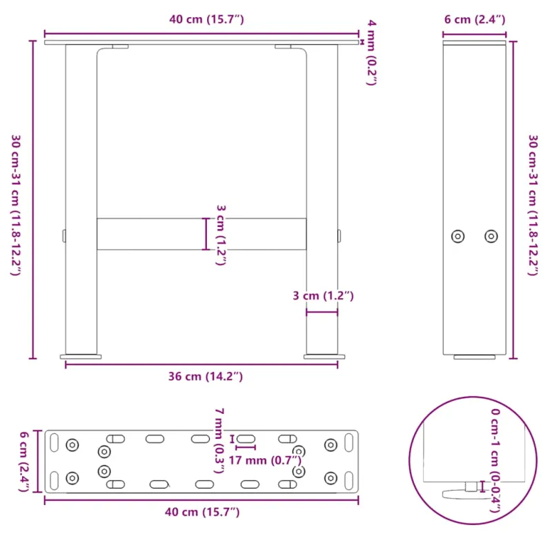 Kavos staliuko kojelės, 2 vnt., 40 x (30-31) cm, natūralus plienas