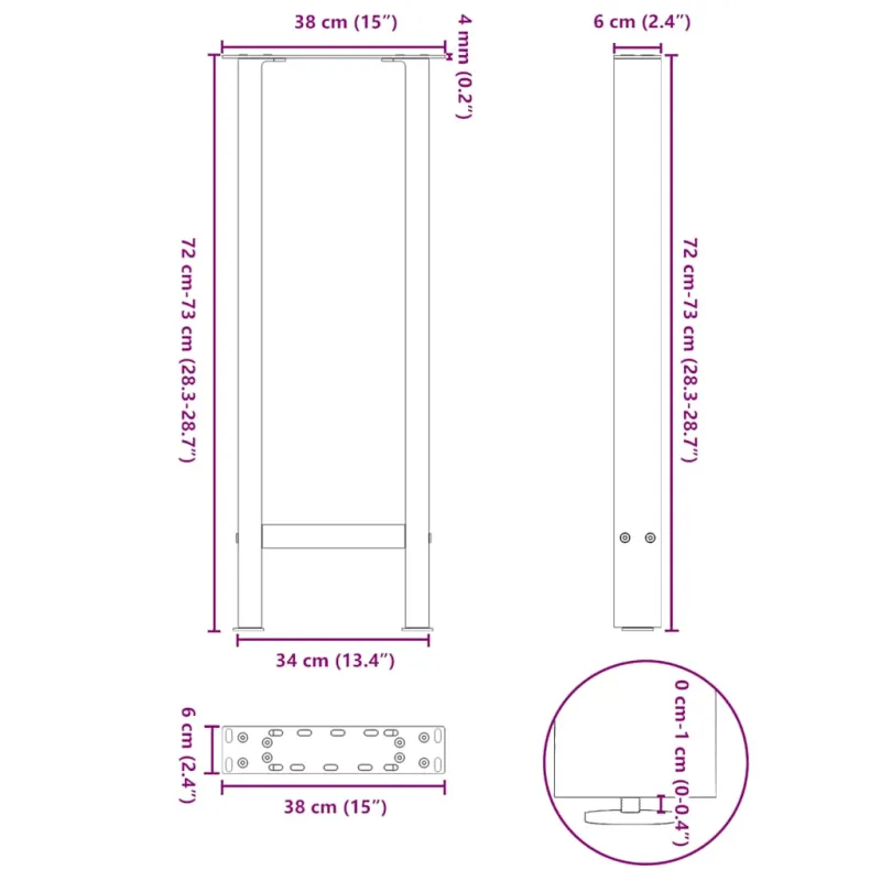 Konsolinio stalo kojos, 2 vnt., 38x(72-73) cm, natūralus plienas