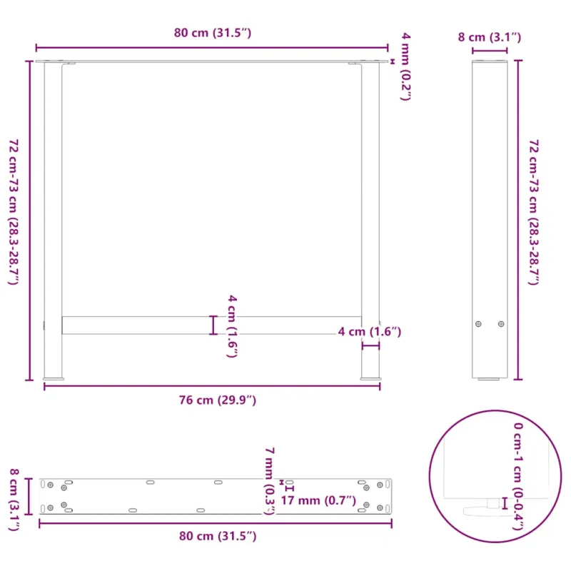 Valgomojo stalo kojos, 2 vnt., 80x(72-73) cm, natūralus plienas, plienas