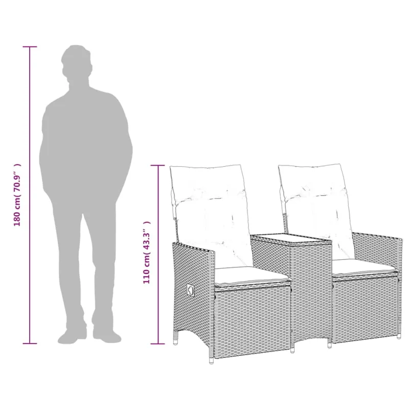 Atlošiama sodo sofa, 2 vietų, su staliuku, pilka, polirotangas