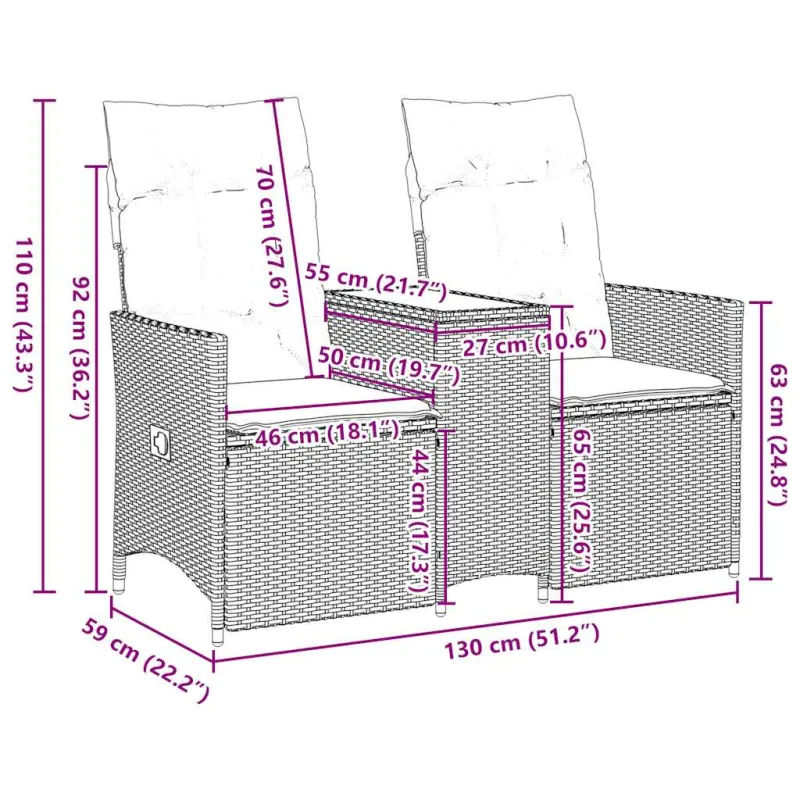 Atlošiama sodo sofa, 2 vietų, su staliuku, pilka, polirotangas