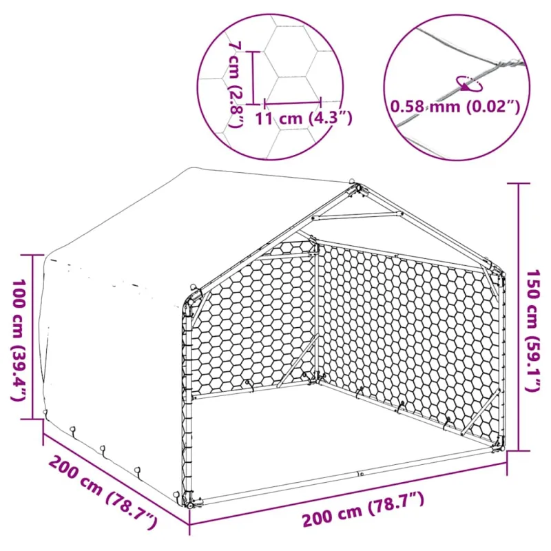 Lauko šunų voljeras su stogeliu, 2x2x1,5 m, cinkuotas plienas