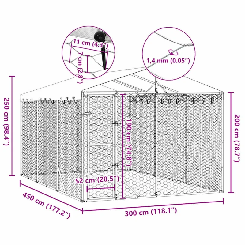 Lauko voljeras šunims su stogu, sidabrinis, 3x4,5x2,5m, plienas