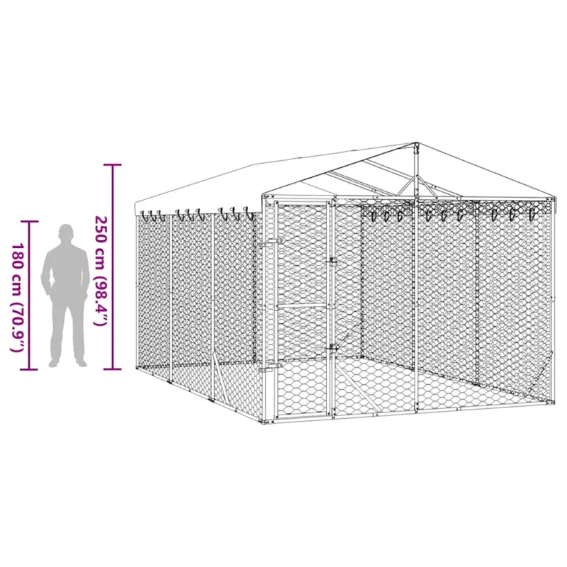 Lauko voljeras šunims su stogu, sidabrinis, 3x4,5x2,5m, plienas