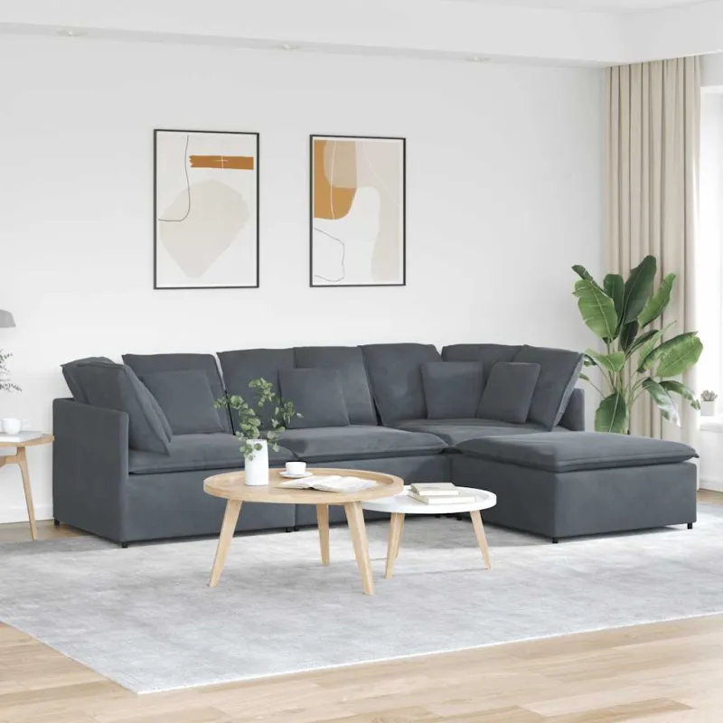 Modulinė sofa su pakoja ir pagalvėlėmis, aksominė, tamsiai pilka