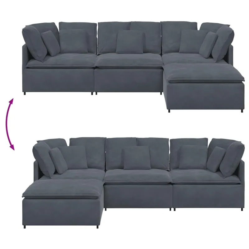 Modulinė sofa su pakoja ir pagalvėlėmis, aksominė, tamsiai pilka