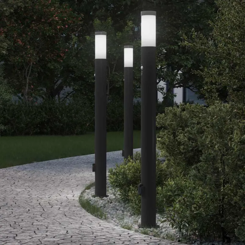Apšvietimo stulpeliai su jutikliu ir lizdu, 3 vnt., 110 cm, nerūdijantis plienas, IP44