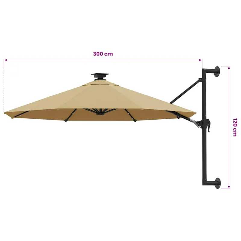 Prie sienos montuojamas sodo skėtis su LED, taupe, 300cm