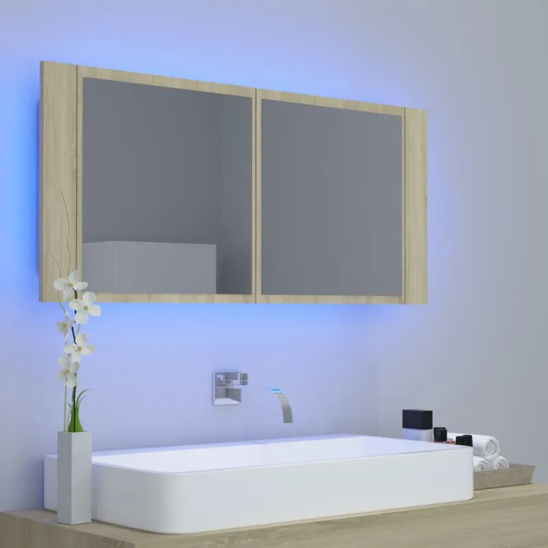 Veidrodinė vonios spintelė su LED, ąžuolo, 100x12x45cm, akrilas