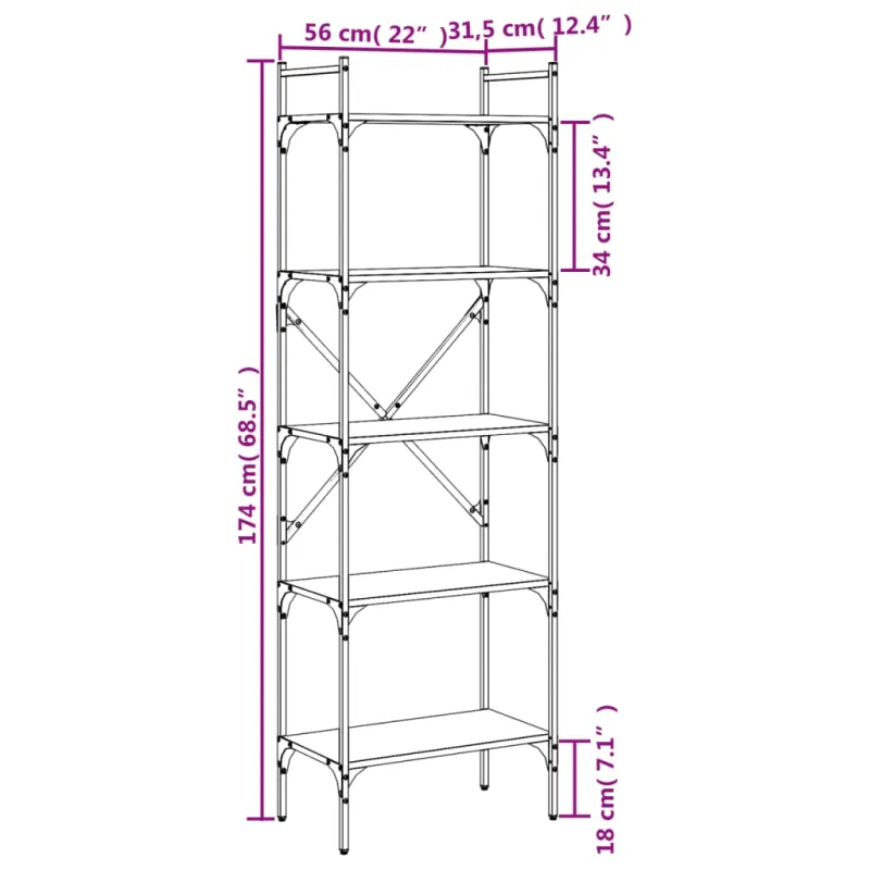 Knygų spinta, 5 aukštų, ąžuolo, 56x31,5x174cm, apdirbta mediena