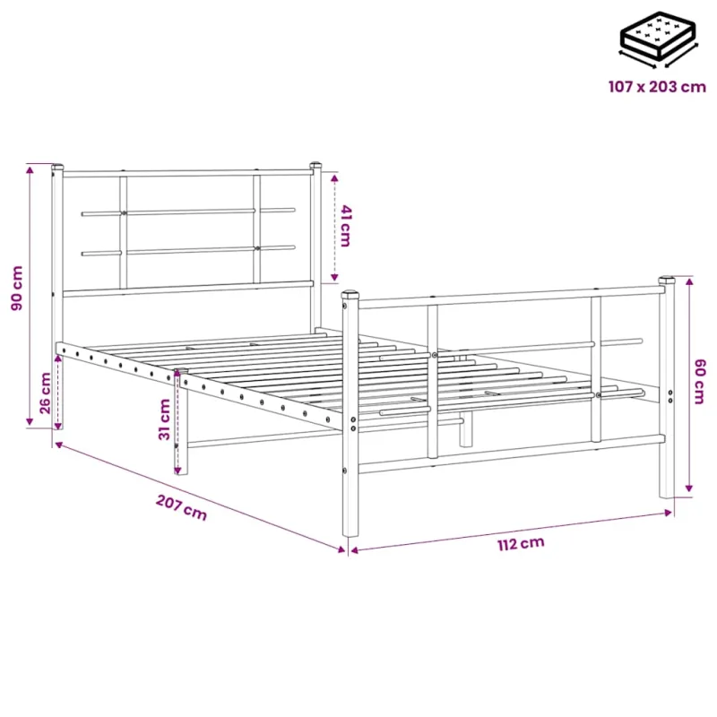 Lovos rėmas su galvūgaliu/kojūgaliu, juodas, 107x203cm, metalas