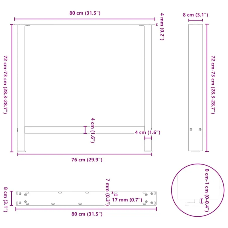 Valgomojo stalo kojos, antracito spalvos, 2 vnt., 80x(72-73) cm, plienas