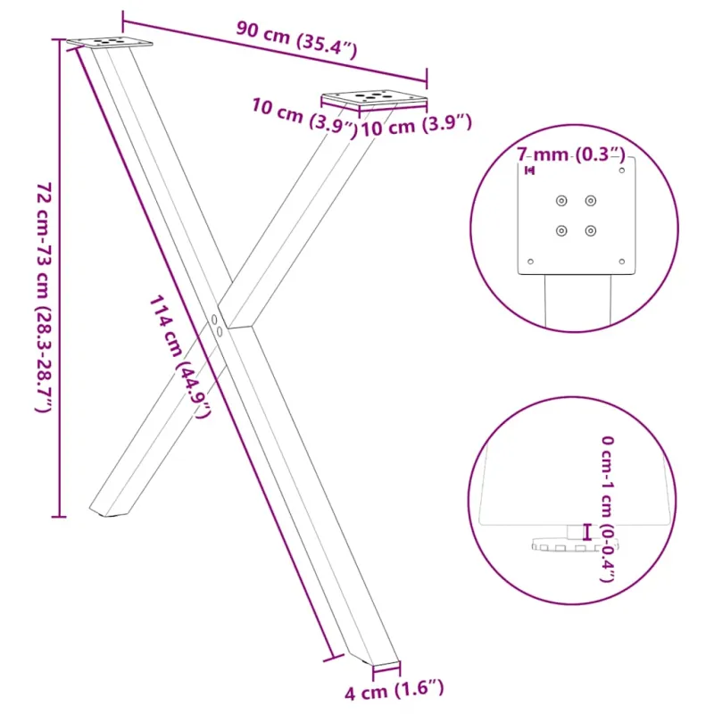 Valgomojo stalo kojos, 2 vnt., juodos, 90x(72-73) cm, plienas, X formos