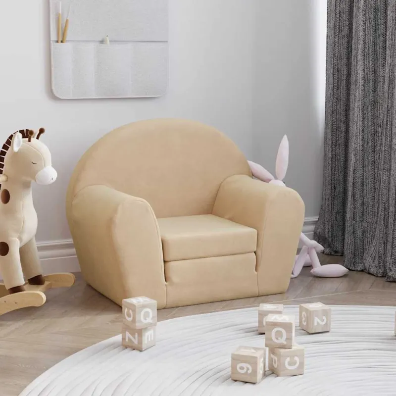 Vaikiška sofa-lova, kreminės spalvos, minkštas pliušas