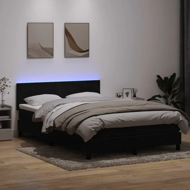 Lova su spyruokliniu/čiužiniu/LED, juoda, 160x210 cm, aksominė