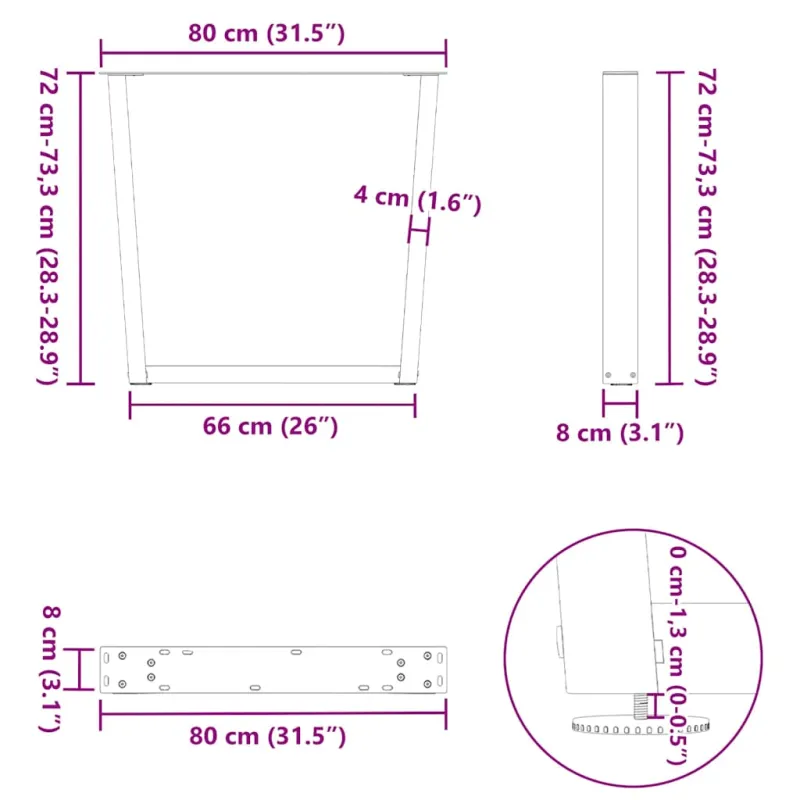 Valgomojo stalo kojelės, V formos, 2 vnt., juodos, 80x(72-73,3) cm, plienas