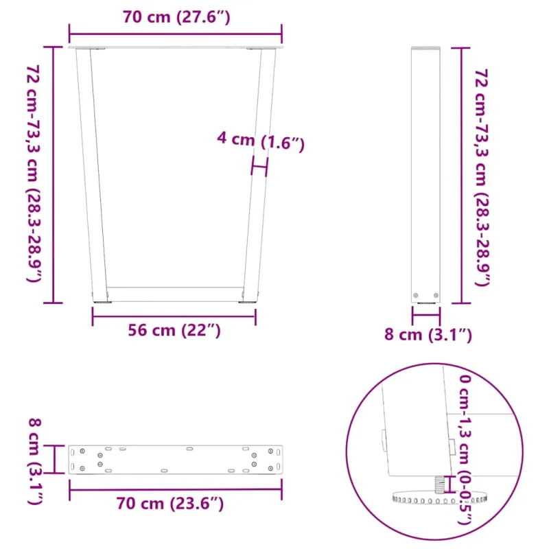 Valgomojo stalo kojos, V formos, 3 vnt., antracito spalvos, 70x(72-73,3) cm, plienas