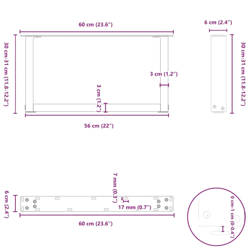 Kavos staliuko kojelės, 2 vnt., baltos, 60x(30-31) cm, plienas, U formos