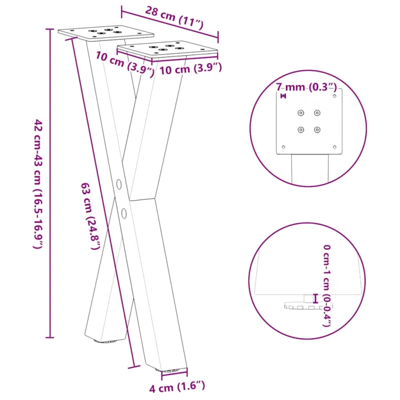 Kavos staliuko kojelės, X formos, 2 vnt., baltos, 28x(42-43) cm, plienas