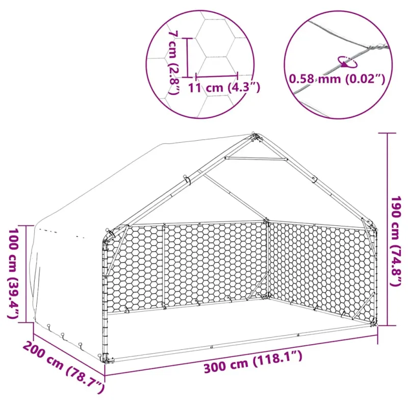 Lauko šunų voljeras su stogeliu, 3x2x1,9 m, cinkuotas plienas