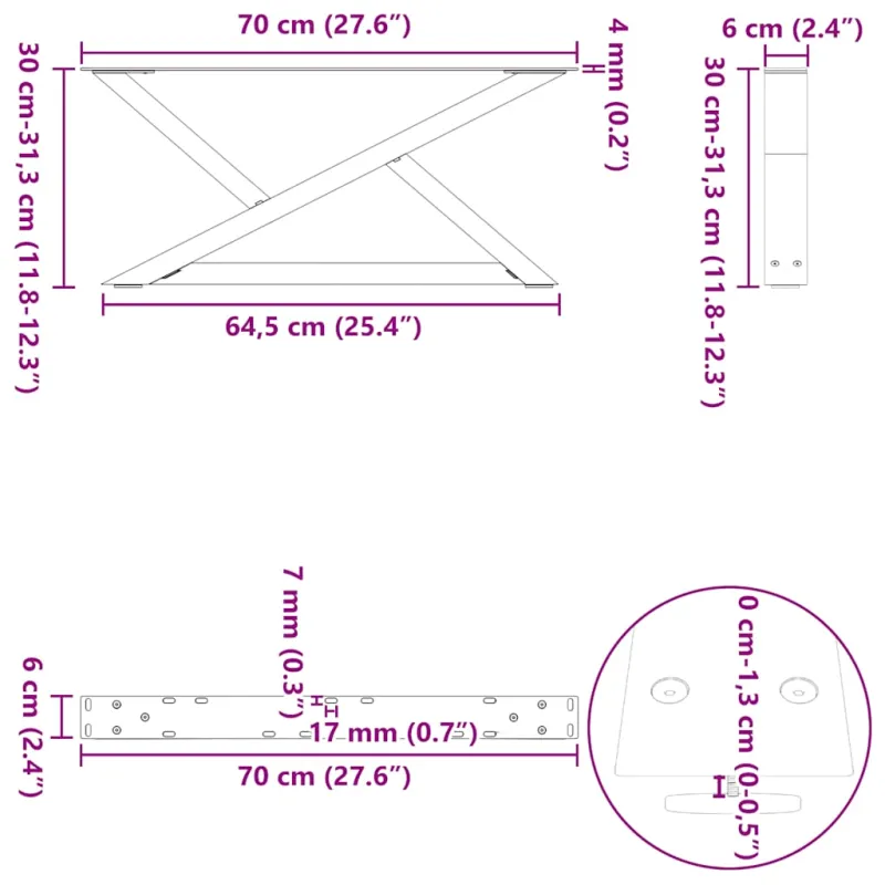 Kavos staliuko kojelės, 2 vnt., natūralus plienas, 70x(30-31,3) cm, plienas