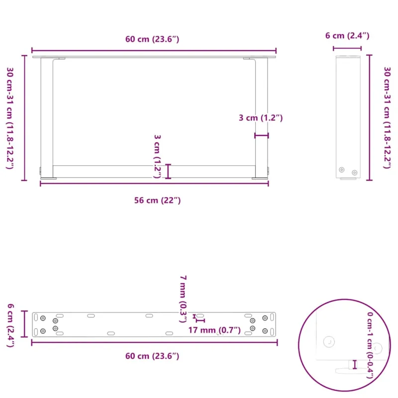 Kavos staliuko kojelės, U formos, 2 vnt., natūralus plienas, 60x(30-31) cm, plienas