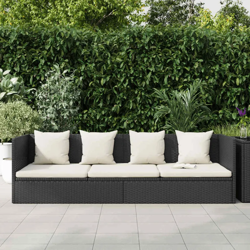 Sodo sofa su pagalvėlėmis ir pagalvėmis, juoda, poliratanas