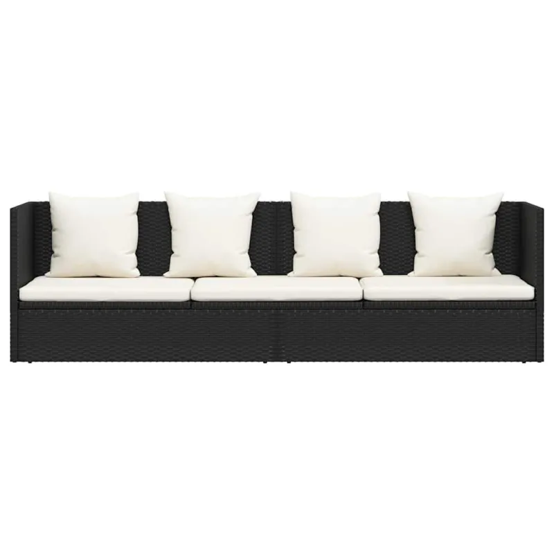 Sodo sofa su pagalvėlėmis ir pagalvėmis, juoda, poliratanas