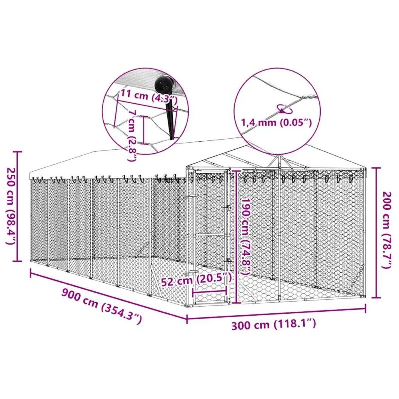 Lauko voljeras šunims su stogu, sidabrinis, 3x9x2,5m, plienas