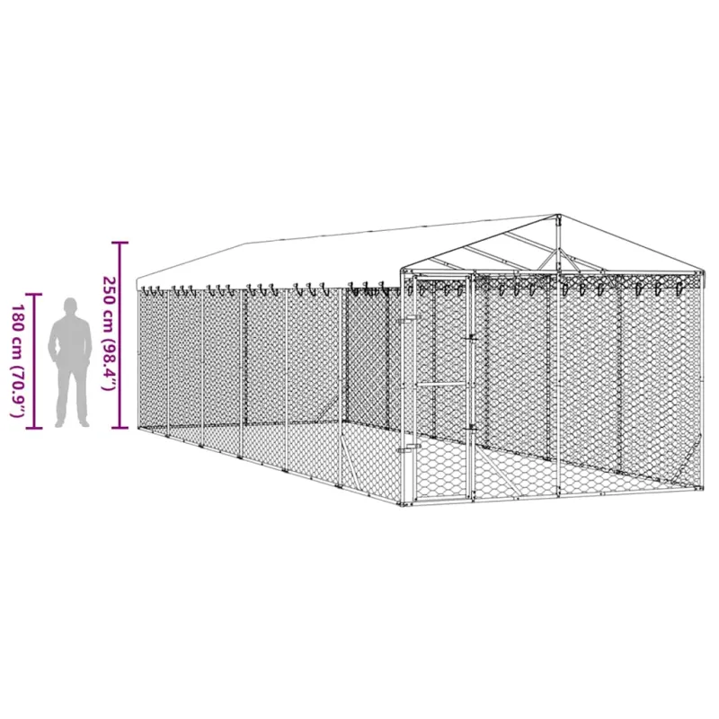 Lauko voljeras šunims su stogu, sidabrinis, 3x9x2,5m, plienas