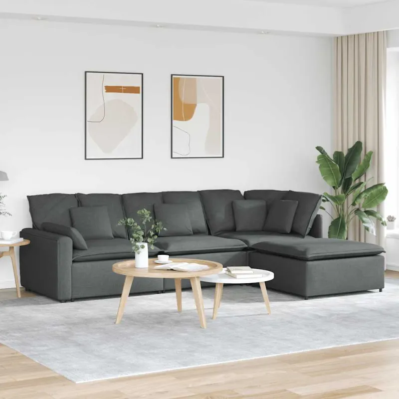Modulinė sofa su pakoja ir pagalvėlėmis, audinys, tamsiai pilka