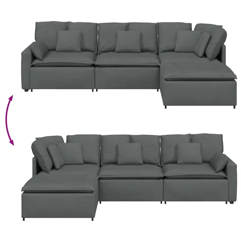 Modulinė sofa su pakoja ir pagalvėlėmis, audinys, tamsiai pilka
